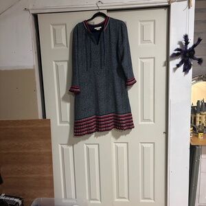 Boden Lara Pleat Shift Navy  White Polka Dots Split Neck Dress Size 14 R